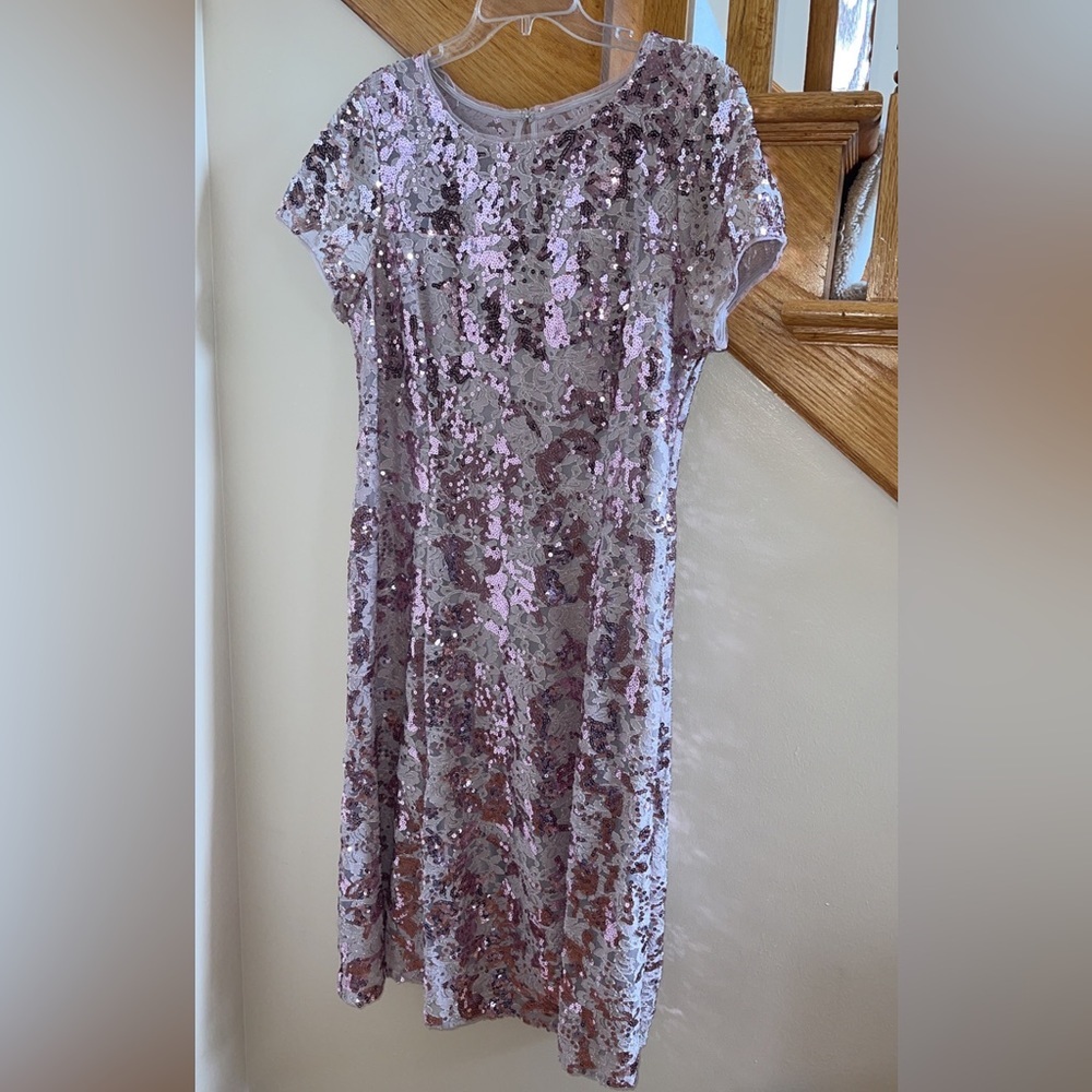 Women’s Formal Dress Sz 18 SLNY Pink Short Sleeve Gown Allover Sequins Fit Flare - Picture 8 of 11